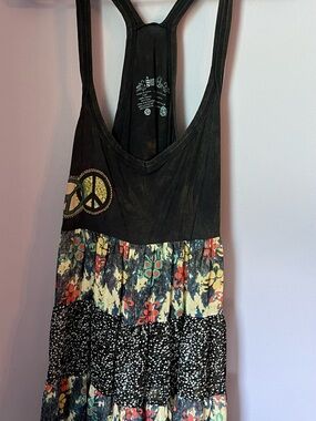 Boho Tiered Racerback Tank Dress in Black with Floral Print